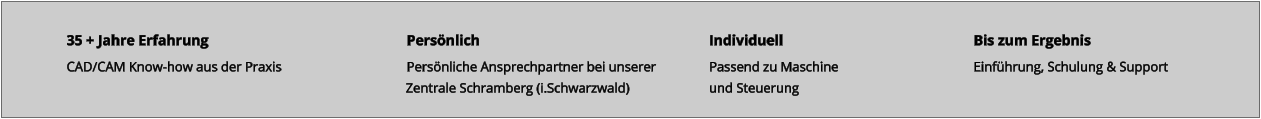 35 + Jahre Erfahrung						Persönlich							Individuell						Bis zum Ergebnis	  CAD/CAM Know-how aus der Praxis				Persönliche Ansprechpartner bei unserer		Passend zu Maschine				Einführung, Schulung & Support Zentrale Schramberg (i.Schwarzwald)			und Steuerung